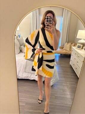 Milly One-Shoulder Pleated Wrap Dress in Yellow, Black & Cream